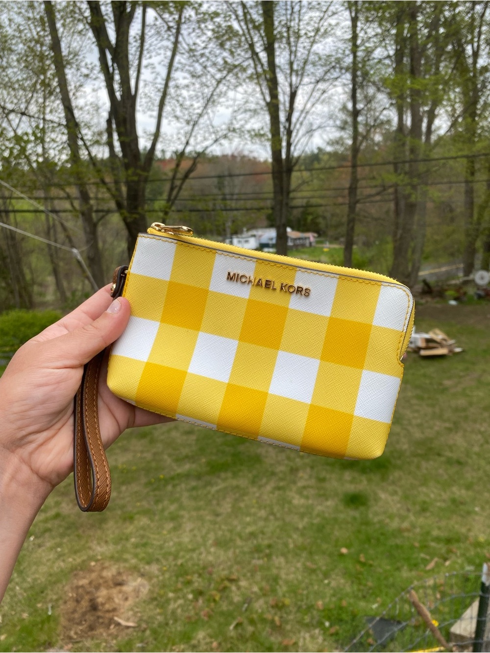 Michael Kors Yellow and White Gingham Double Zip Wristlet with Brown Strap